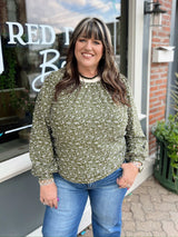 Olive Floral Vine Print Ruffle Neck Blouse