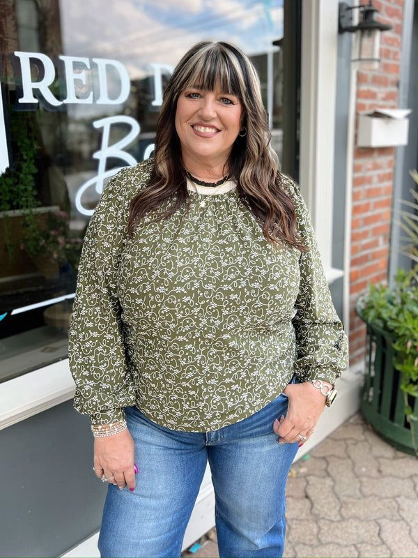 Olive Floral Vine Print Ruffle Neck Blouse