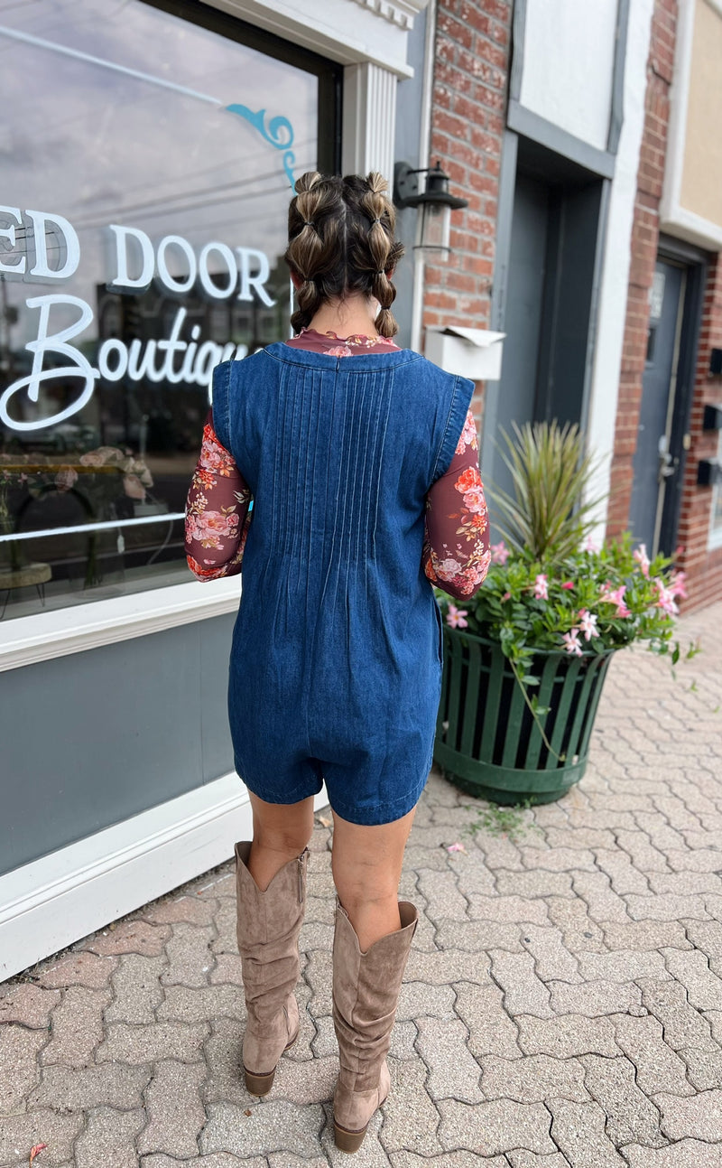 Denim Pleated Wide Leg Tied Romper