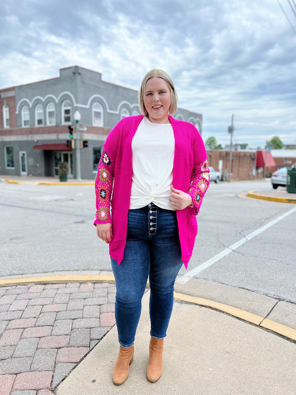 Curvy Knit Crocheted Sleeve Cardigan Pink