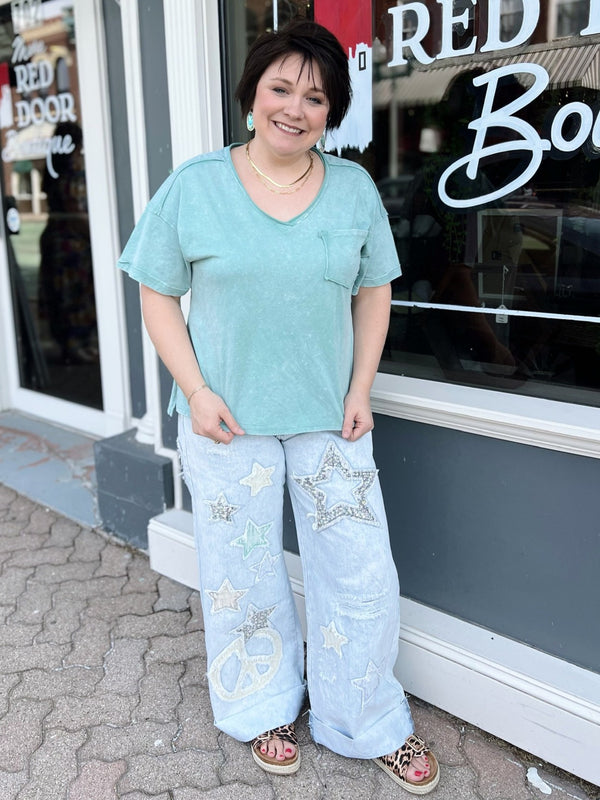Washed Denim Pants with Distressing and Patches