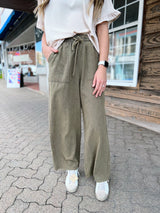 Olive Acid Washed Linen Pants with Pockets