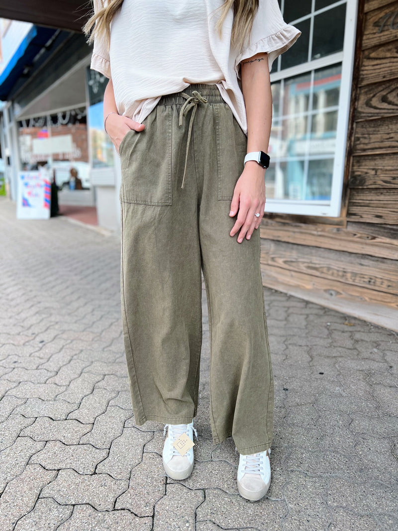 Olive Acid Washed Linen Pants with Pockets