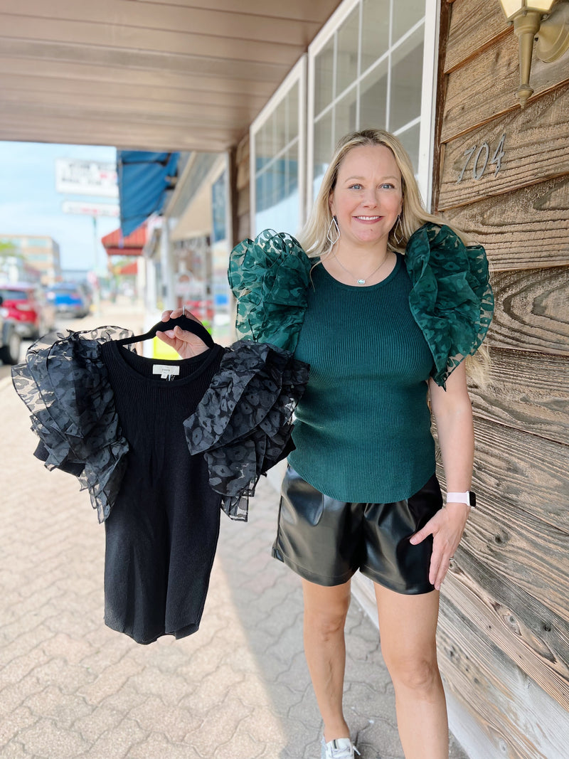 Ribbed Leopard Tulle Sleeve Top
