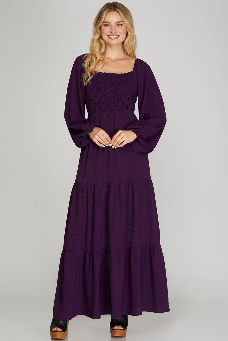 Smocked Balloon Sleeve Midi Dress