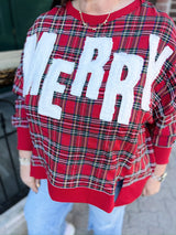 Red Plaid MERRY Letters Oversized Long Sleeve Top