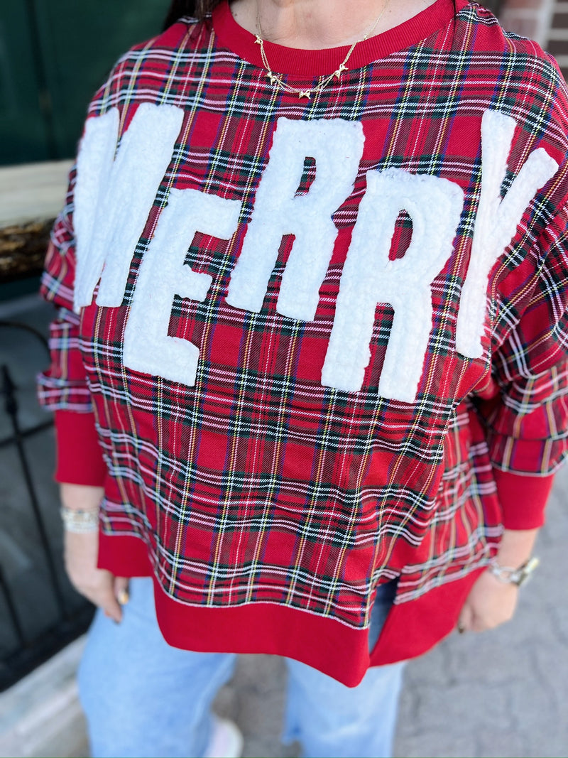 Red Plaid MERRY Letters Oversized Long Sleeve Top