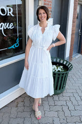 White Textured Belted Midi Dress