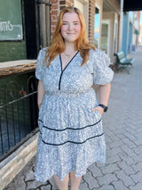 Curvy Puff Sleeve Waisted Elastic Woven Print Tiered Dress