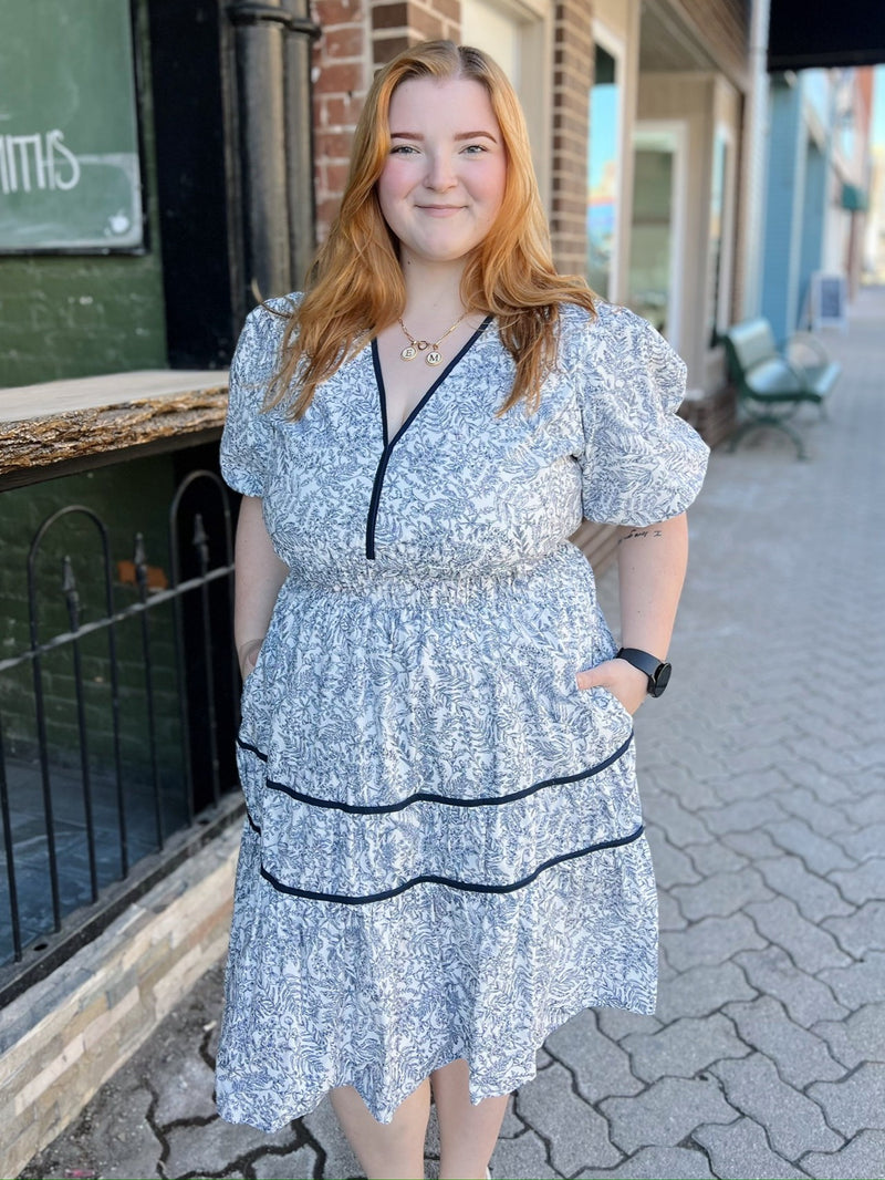 Curvy Puff Sleeve Waisted Elastic Woven Print Tiered Dress