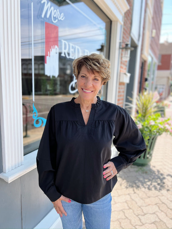 Black Pleated Long Sleeve Top