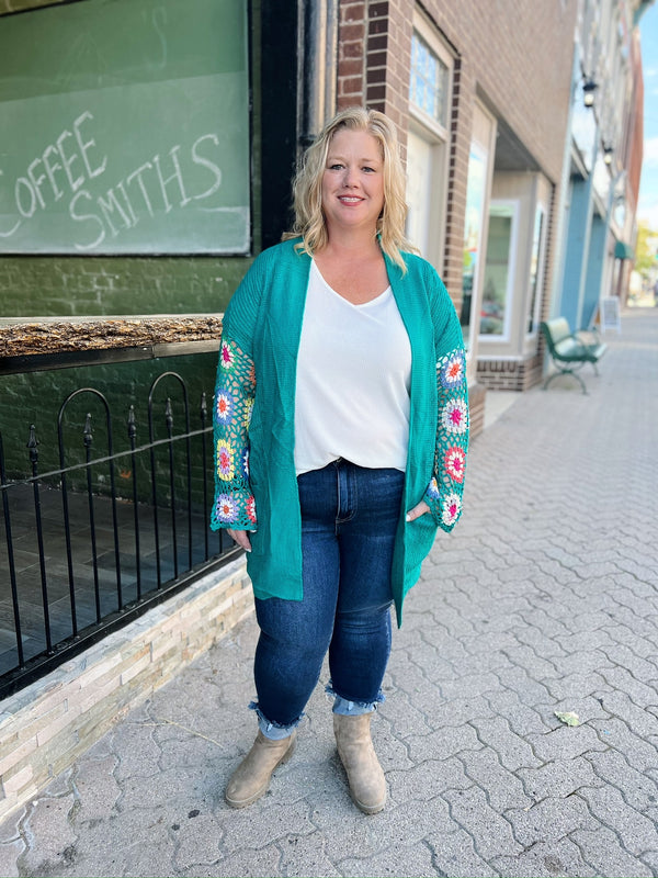 Curvy Knit Crocheted Sleeve Cardigan Teal