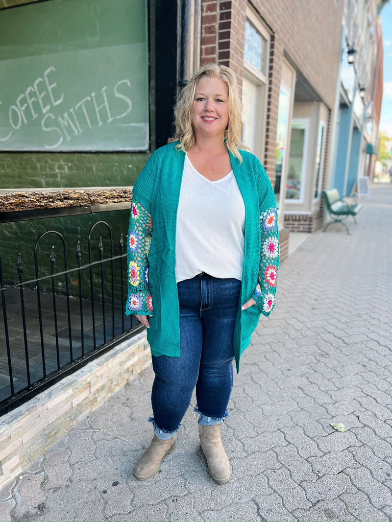 Curvy Knit Crocheted Sleeve Cardigan Teal