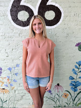 Light Rust Short Sleeve Split Neck Sweater