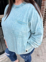 Curvy Acid Wash French Terry Pocket Pullover