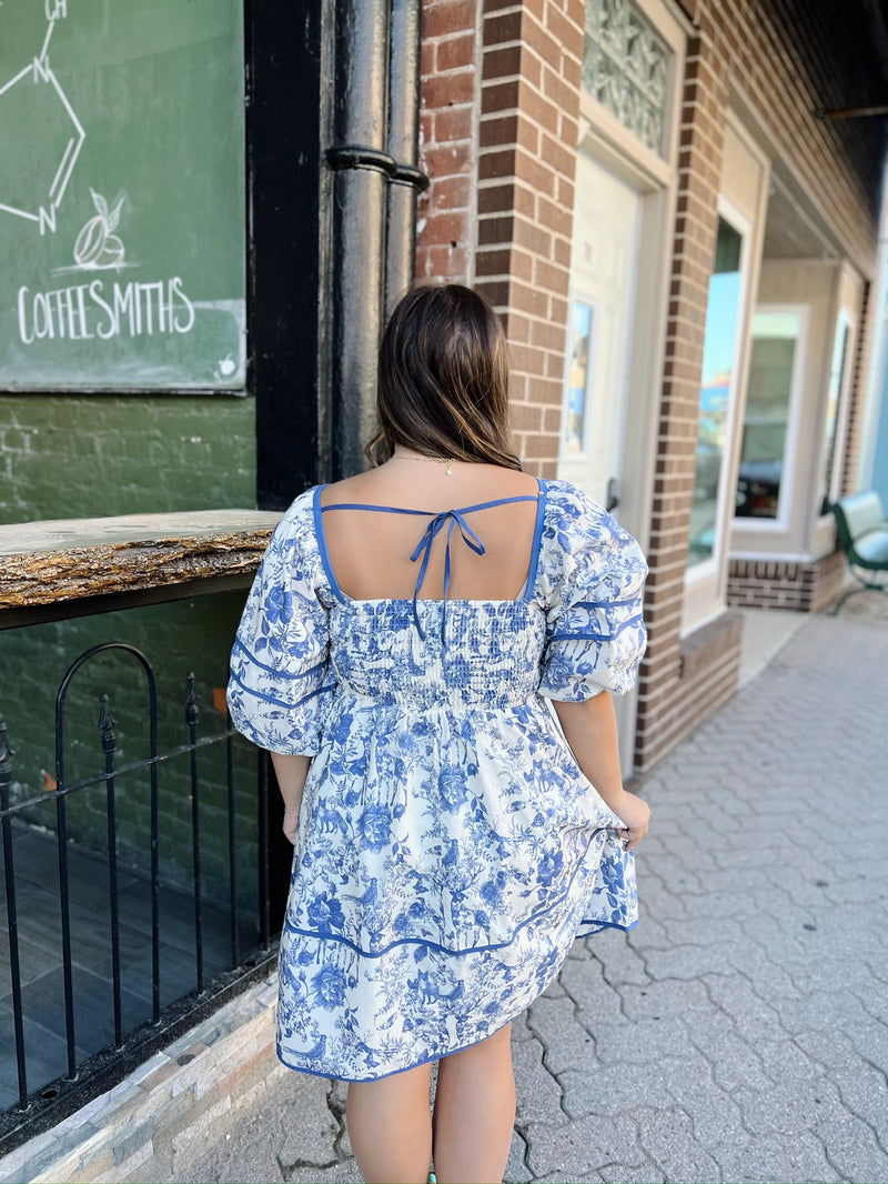 Blue and White Floral Print Tiered Short Dress