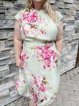 Curvy Mint Floral Flutter Sleeve Dress