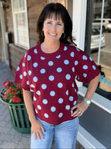 Burgundy Polka Dot Short Sleeve Sweater