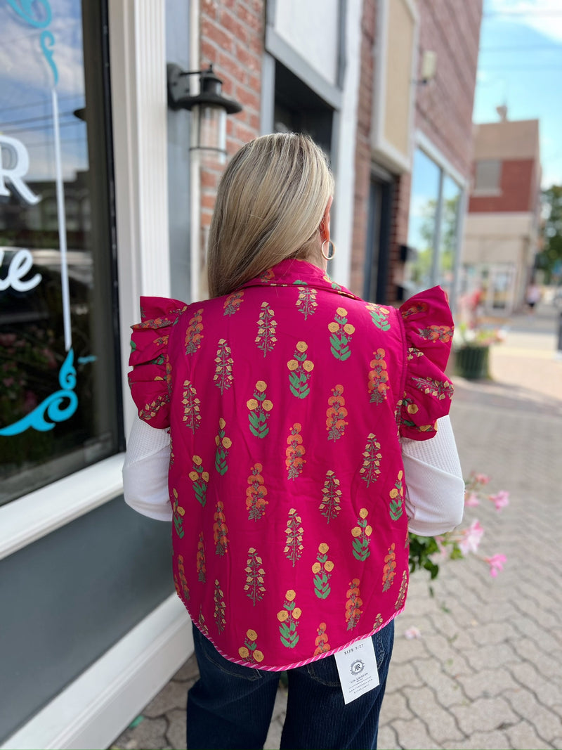 Magenta Floral Patterned Vest With Pockets