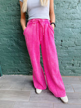 Acid Wash Fleece Pintuck Wide Leg Pants