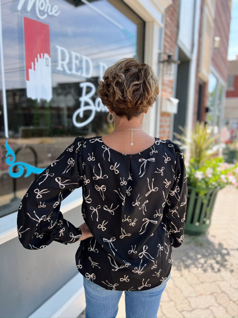 Black Bow Pattern Round Neck Long Sleeve Blouse