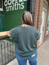 Dark Green Short Sleeve Knit W/ Leopard Contrast
