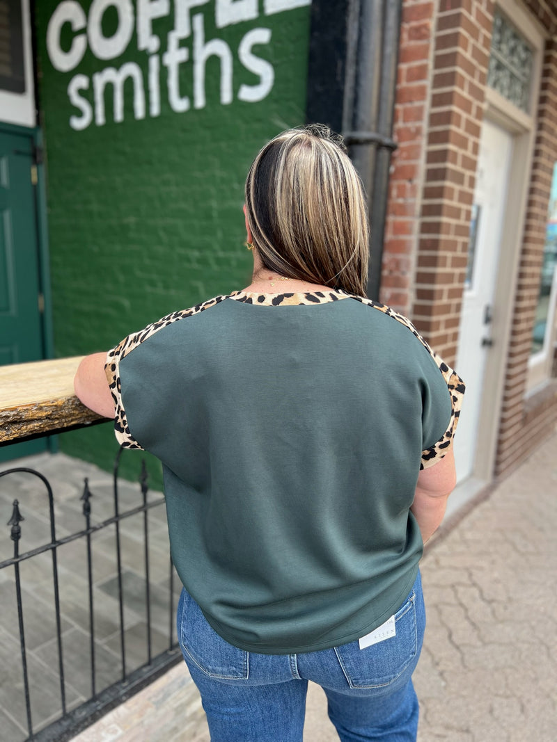 Dark Green Short Sleeve Knit W/ Leopard Contrast