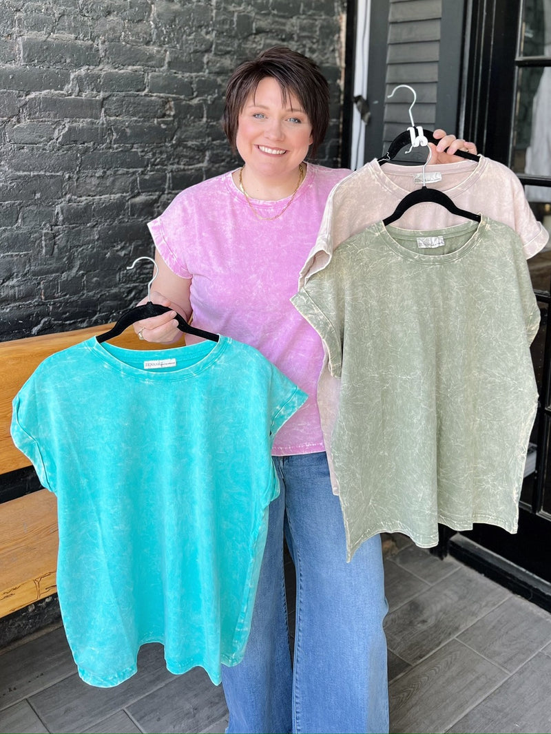 Crinkle Washed Round Neck Rolled Sleeve Tee