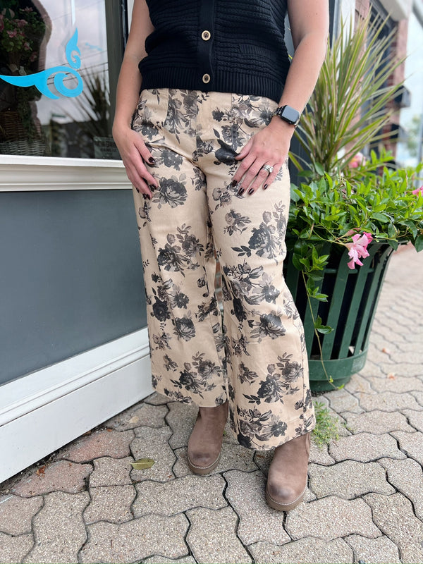 Taupe Dark Floral Pants With Pockets