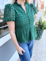 Green Puff Sleeve Eyelet Embroidered Top