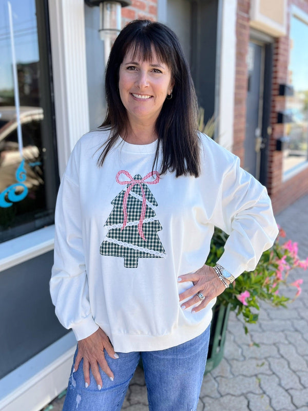 White Holiday Sweatshirt Patchwork Christmas Tree
