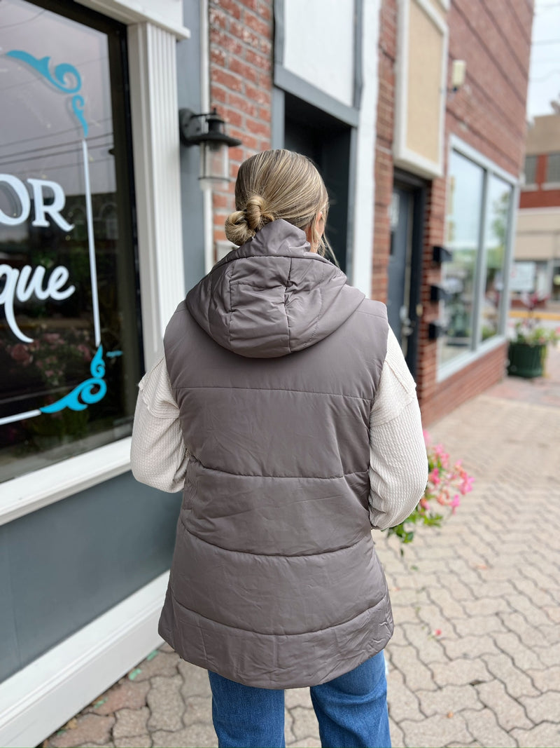 Gun Metal Zip Front Solid Hooded Duster Puffer