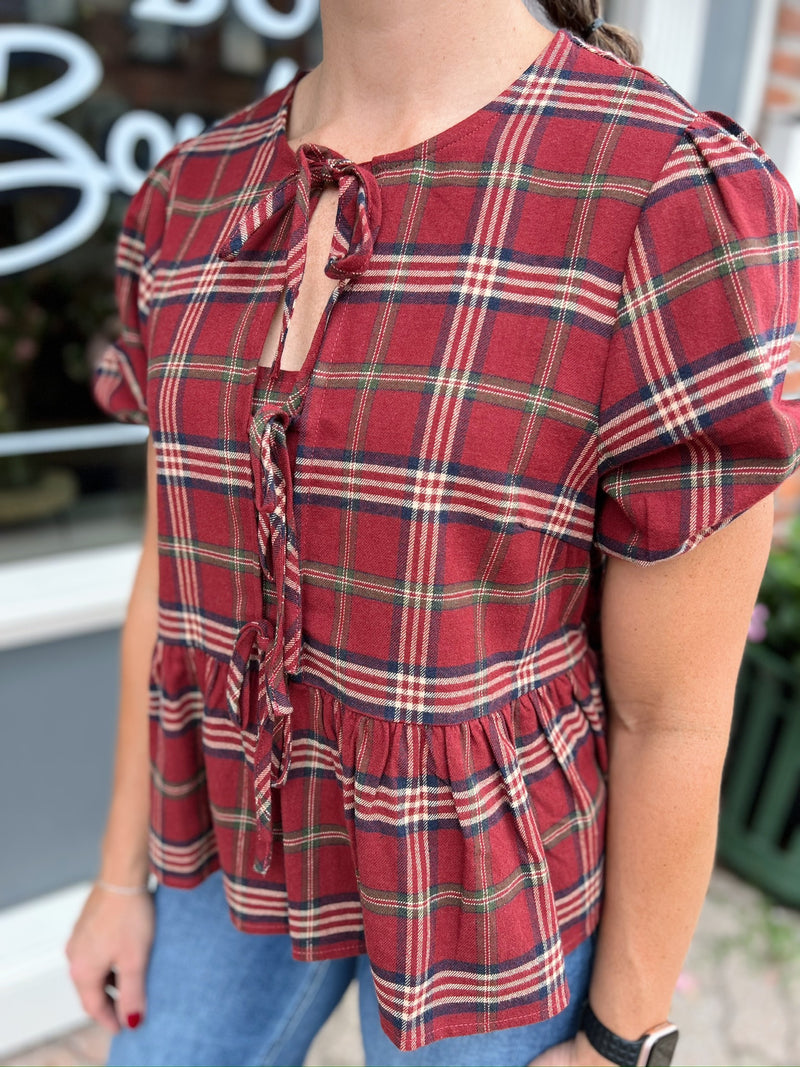 Red Plaid Puff Sleeve Top