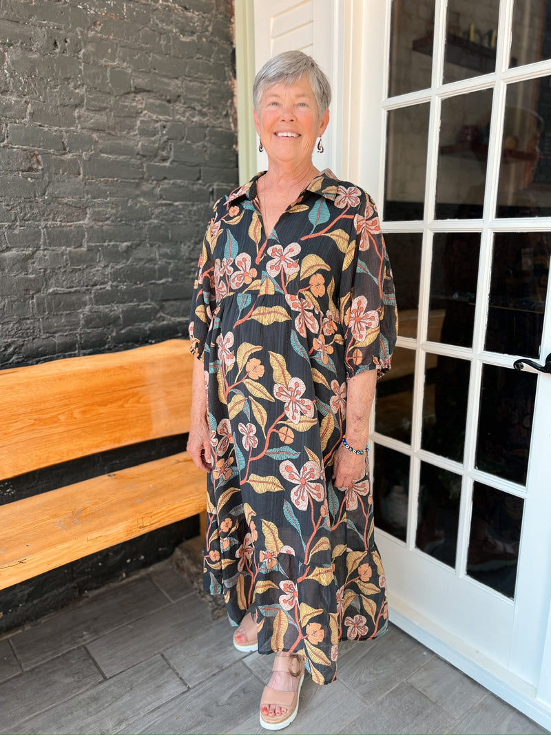 Black Floral Tiered Midi Dress