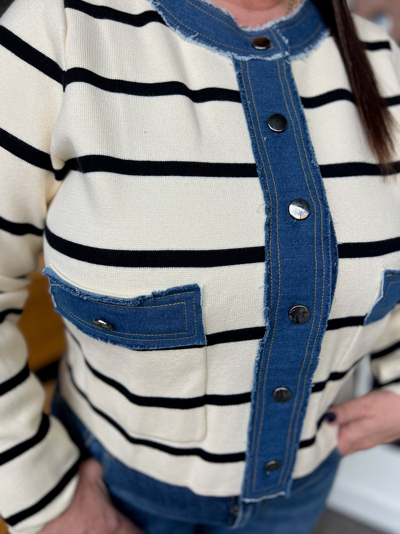 Striped Button Up Sweater Jacket W/ Denim Contrast