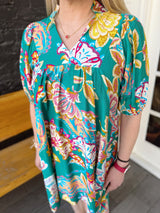 Emerald Paisley Print V Neck Dress