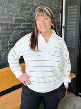 Curvy White and Black Striped Modal Scuba V-Neck Top