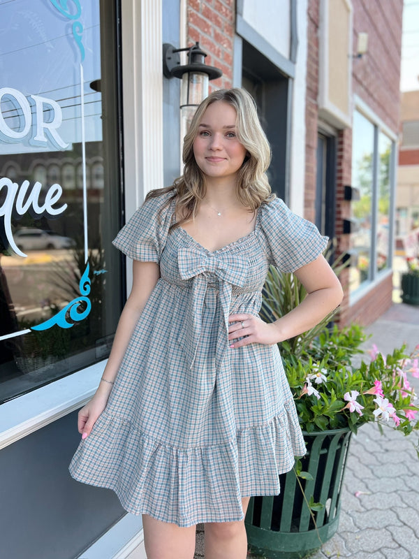 Dusty Teal Ribbon Front Smocked Plaid Midi Dress
