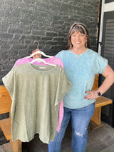 Curvy Crinkle Washed Round Neck Rolled Sleeve Tee