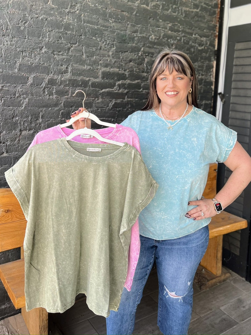 Curvy Crinkle Washed Round Neck Rolled Sleeve Tee