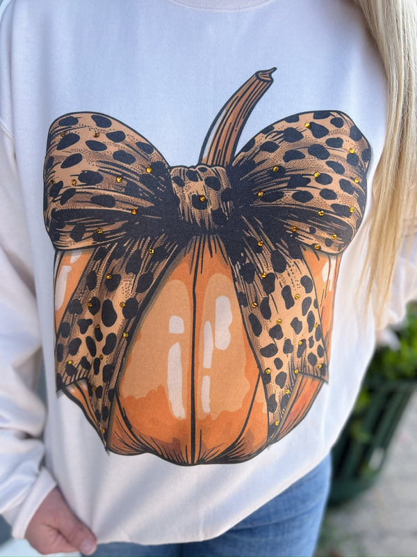 Pumpkin Cheetah Bow Sweatshirt With Rhinestone Details