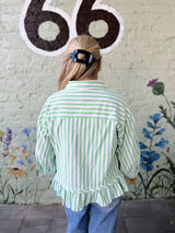 Green and White Stripe 3/4 Sleeve Pleated Ruffle Hem Top