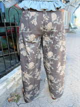 Brown Floral Wide Leg Barrel Pants