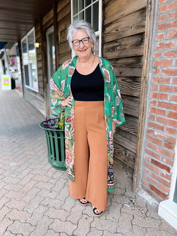 Curvy Green Mixed Print Long Kimono