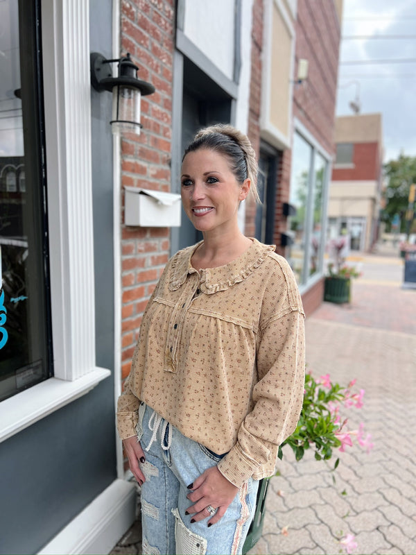 Latte Floral Collared Thermal Top