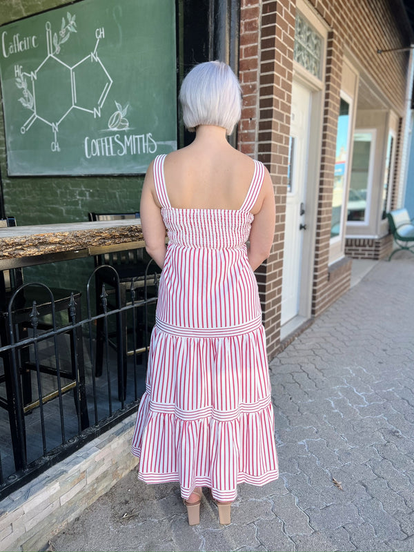 Red Sleeveless Striped Side Pocket Dress