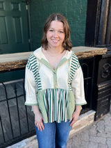 Green and Ivory Striped 3/4 Sleeve Hooded Shirt