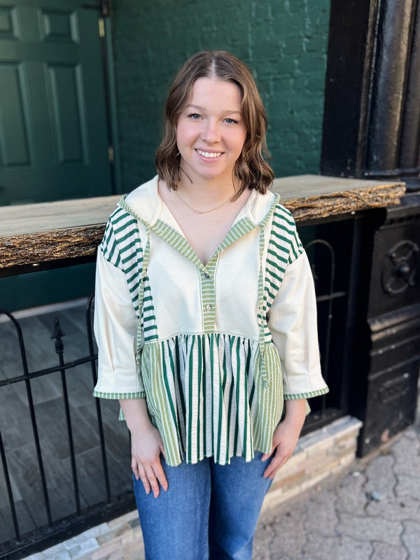 Green and Ivory Striped 3/4 Sleeve Hooded Shirt