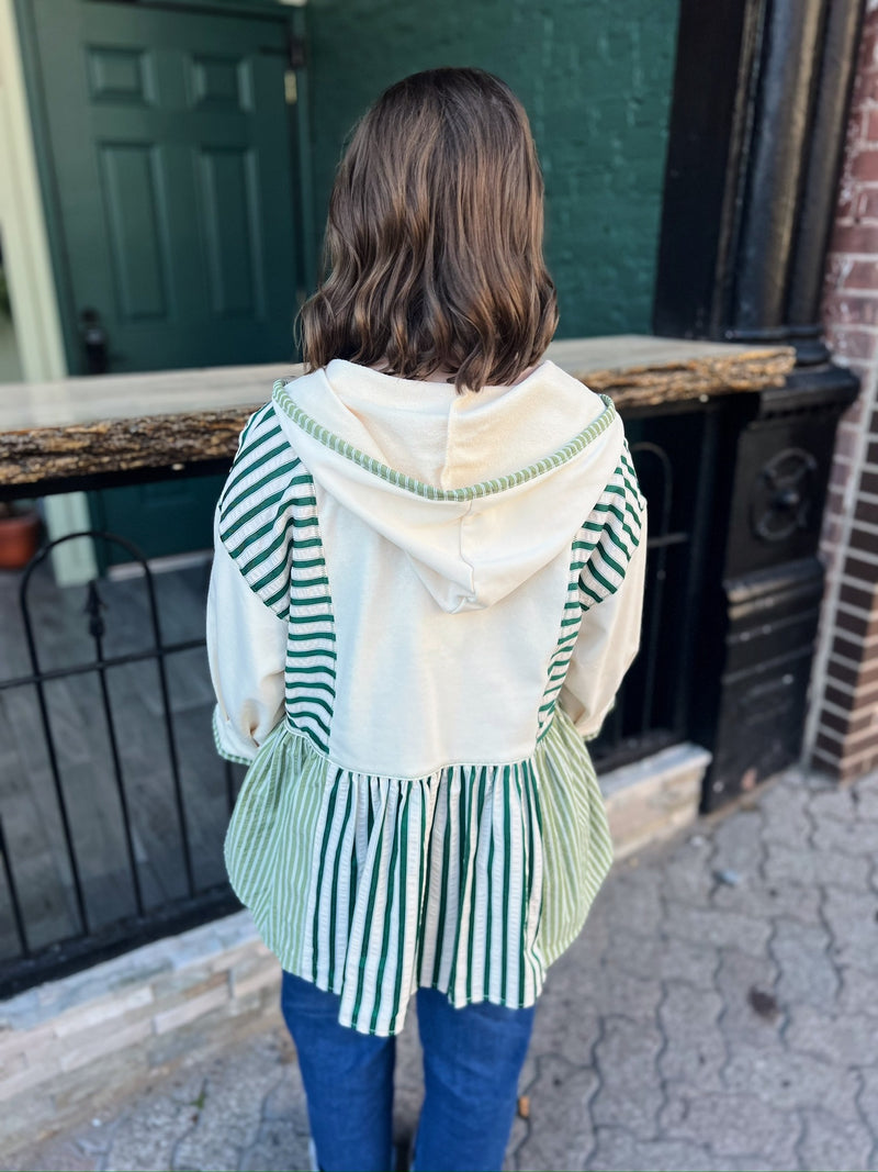 Green and Ivory Striped 3/4 Sleeve Hooded Shirt