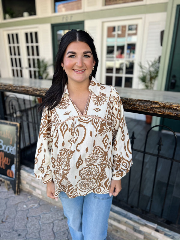 Camel Boho Print Peasant Blouse